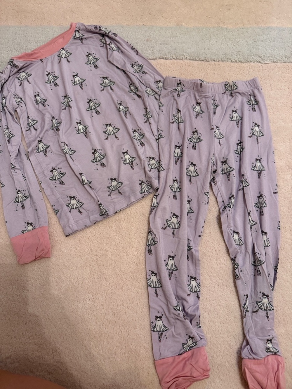 Girls' Lavender Ballerina Ghosts Pajama Set with Pink Trim